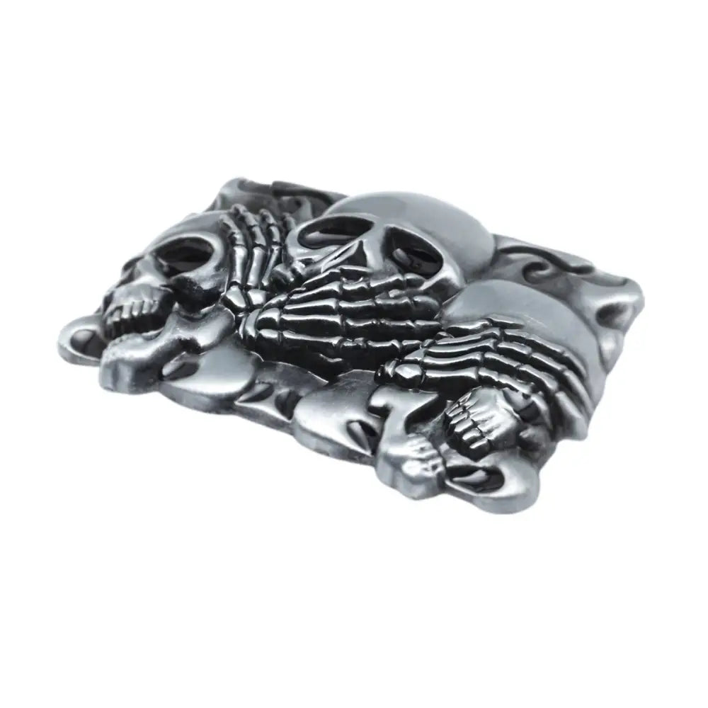 Silver triple skull belt buckle for a bold style in a triple skull belt accessory