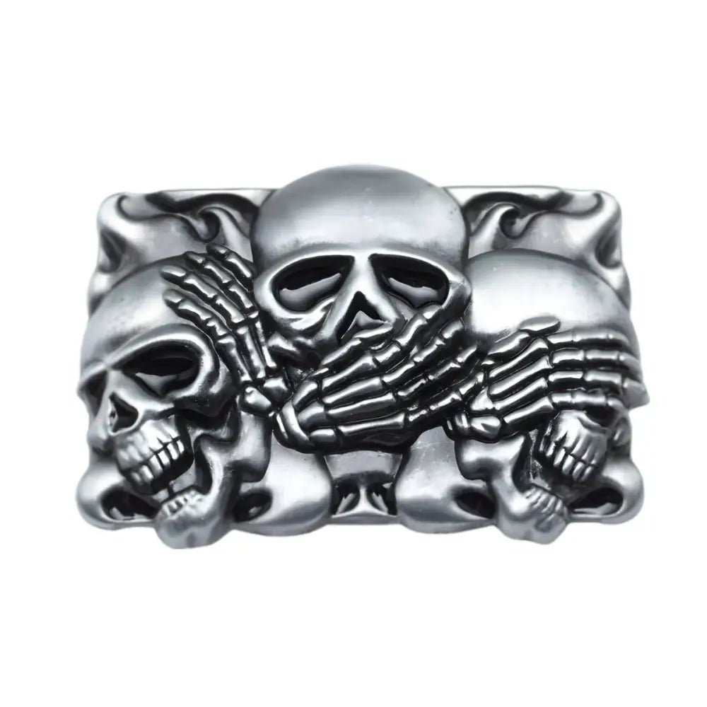 Silver skull belt buckle featuring a bold triple skull design for a stylish triple skull belt