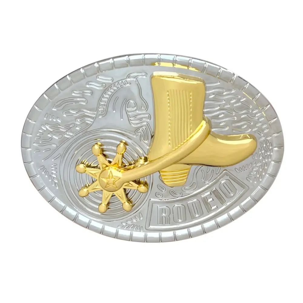 Oval rodeo belt buckle with gold and silver finish for Sheriff Star design