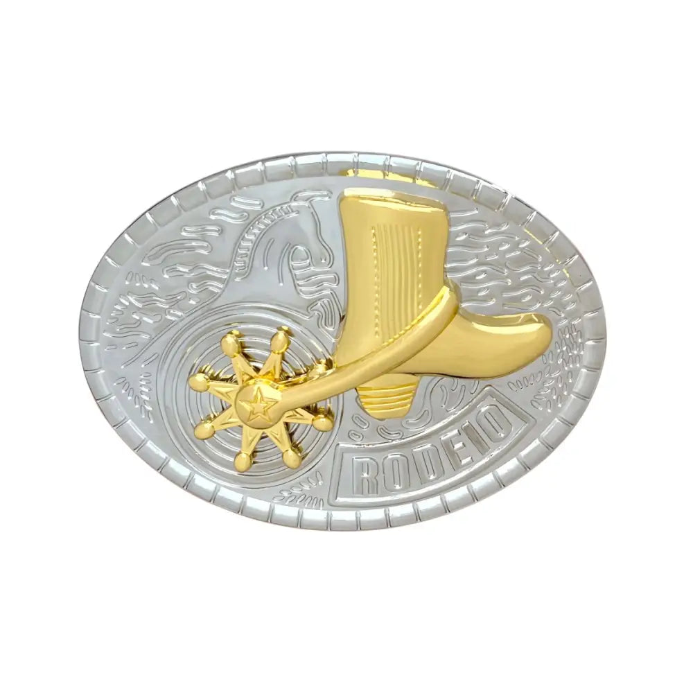 Gold and Silver Sheriff Star Oval Rodeo Belt Buckle with Cowboy Boot and Spur design