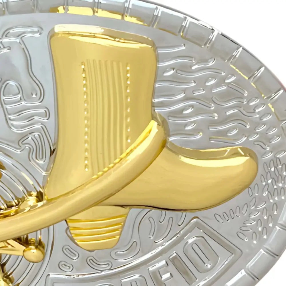 Gold and silver cowboy boot belt buckle with sheriff star oval design for rodeo attire