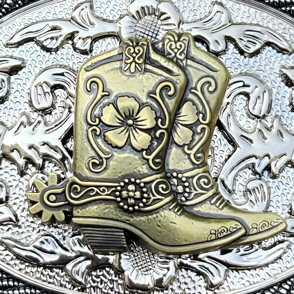 Ornate Silver Cowboy Boot Belt Buckle displayed in the product Ornate Silver Cowboy Boot Belt Buckle