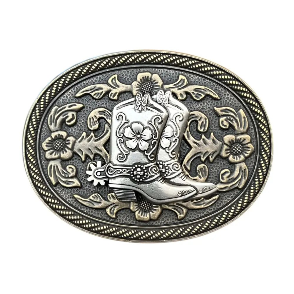 Oval cowboy boot belt buckle with ornate silver detailing and Western style design