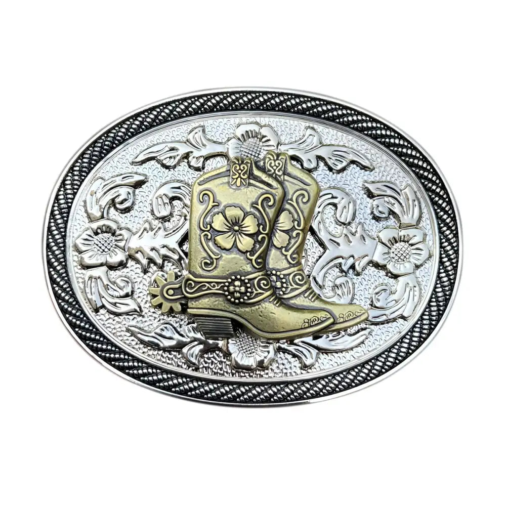 Oval cowboy boot belt buckle with ornate silver finish for Western style fashion