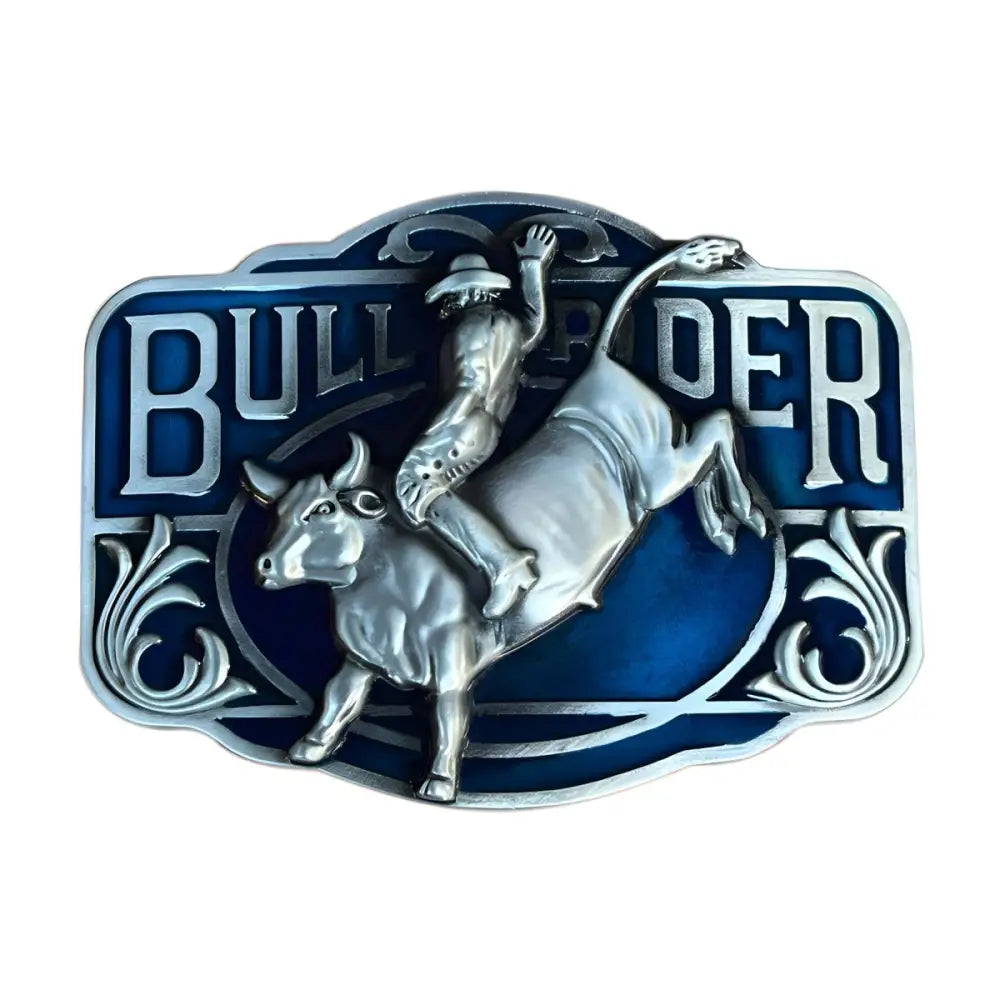 Blue and silver bull rider belt buckle for Western enthusiasts display