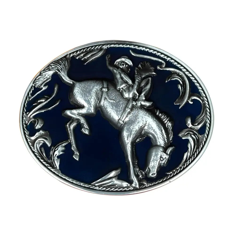 Silver Cowboy Riding a Bucking Horse Oval Belt Buckle displayed for Western fashion accessory