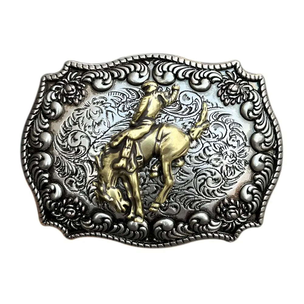 Ornate silver and gold belt buckle inspired by American West style