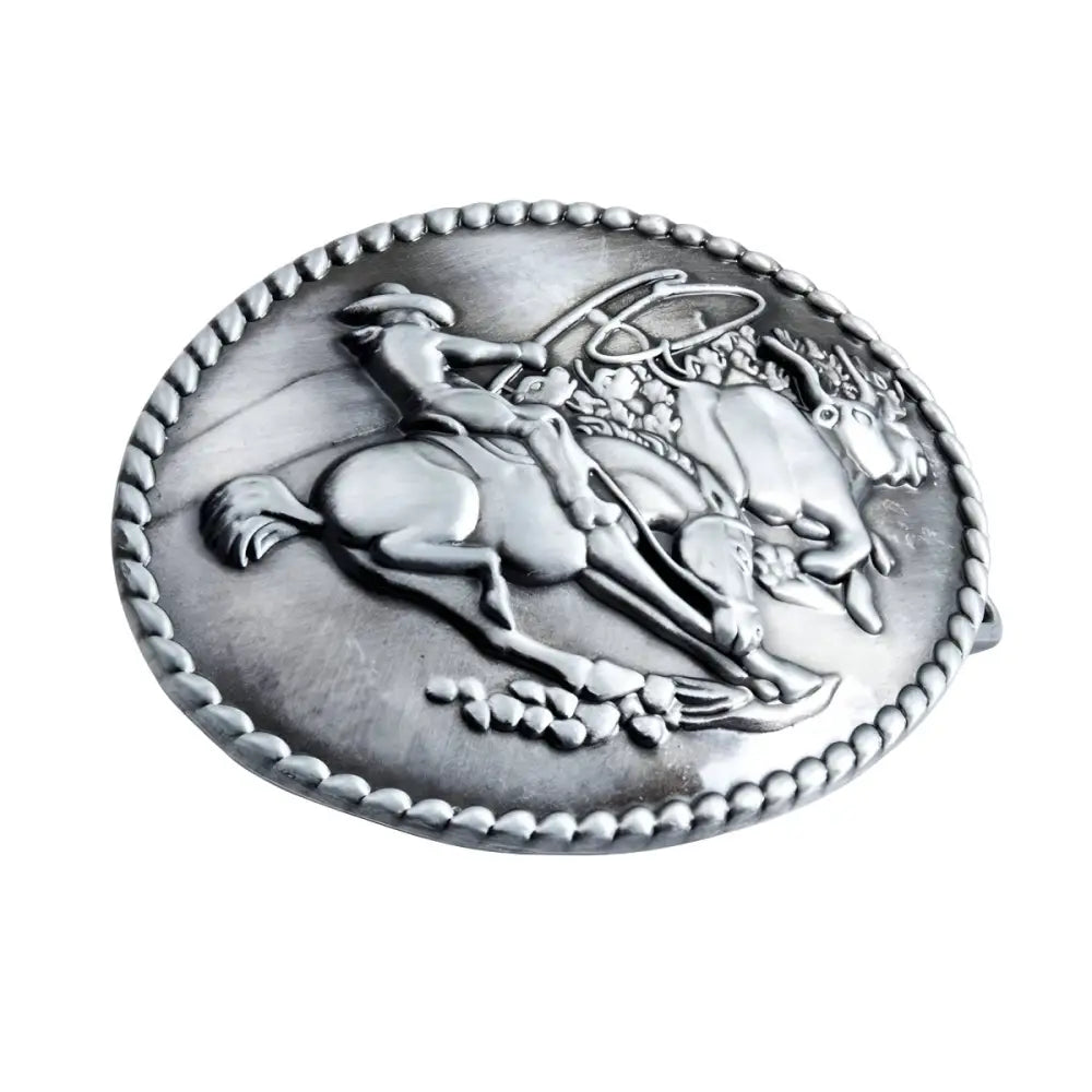Silver rodeo belt buckle featuring a detailed cowboy and bull design for authentic Western style