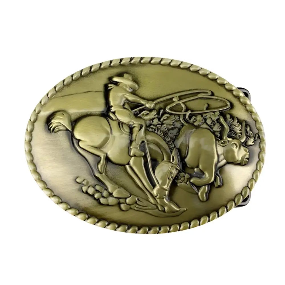 Oval belt buckle featuring cowboy and bull design in Silver Rodeo style