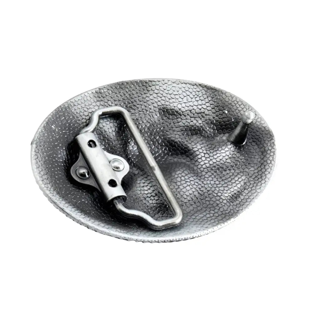 Silver textured belt buckle featuring cowboy and horse designs for Cletus Belt in American West