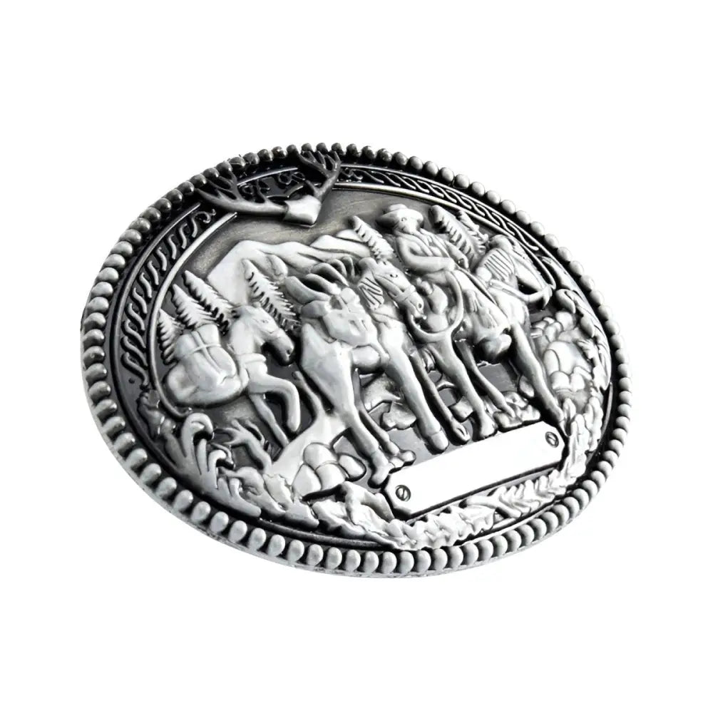 Silver-toned Western belt buckle with cowboy and horse designs for Cletus Belt