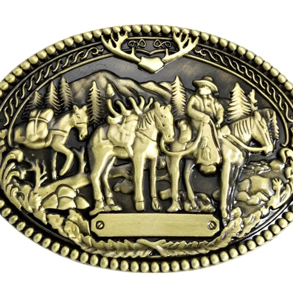 Ornate bronze-colored belt buckle from Cletus Belt featuring cowboy and horse designs