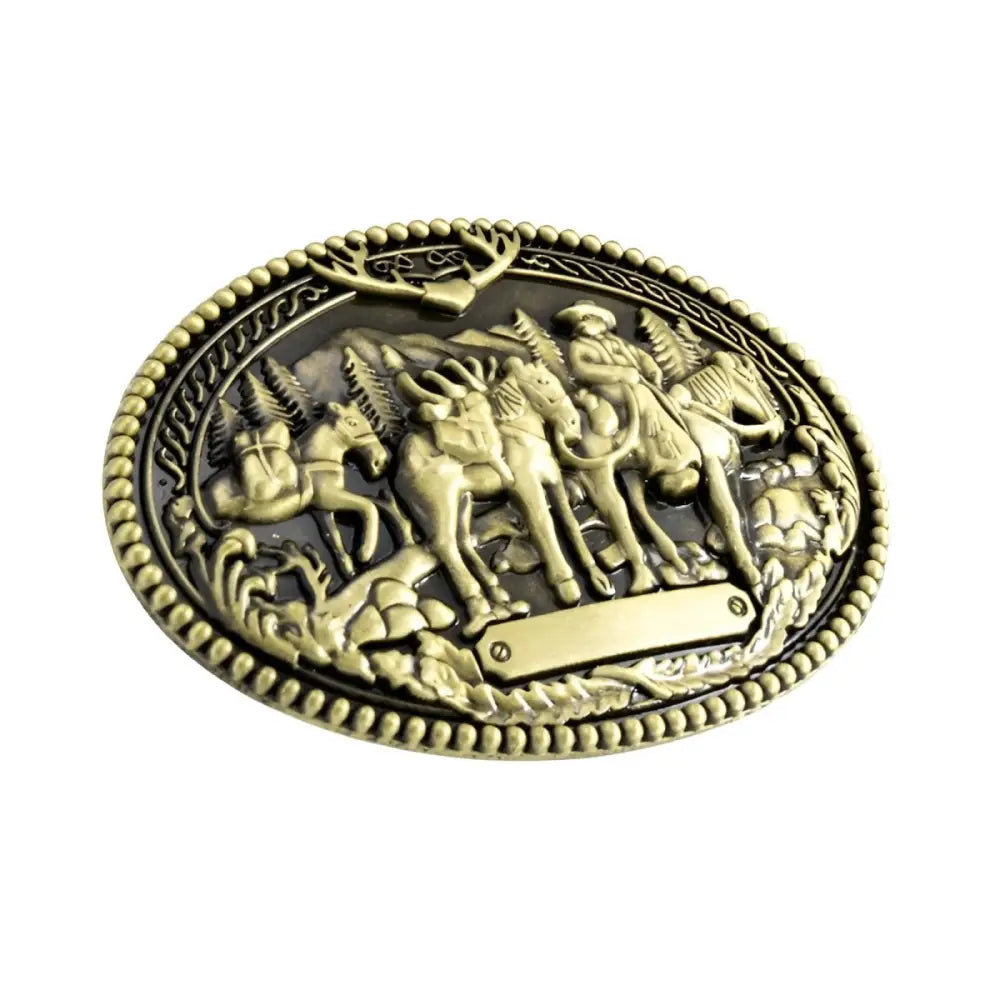 Ornate bronze belt buckle with Western cowboy and horse designs for Cletus Belt