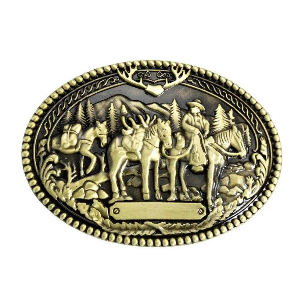 Ornate bronze belt buckle with western scene for Cletus Belt Buckle and Cletus Belt