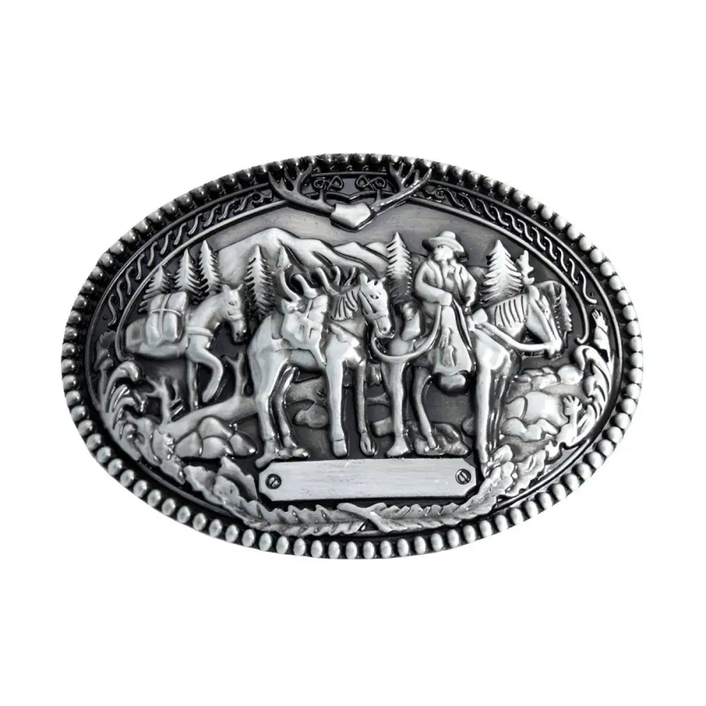 Silver-toned Western belt buckle with cowboy and horse designs for Cletus belt