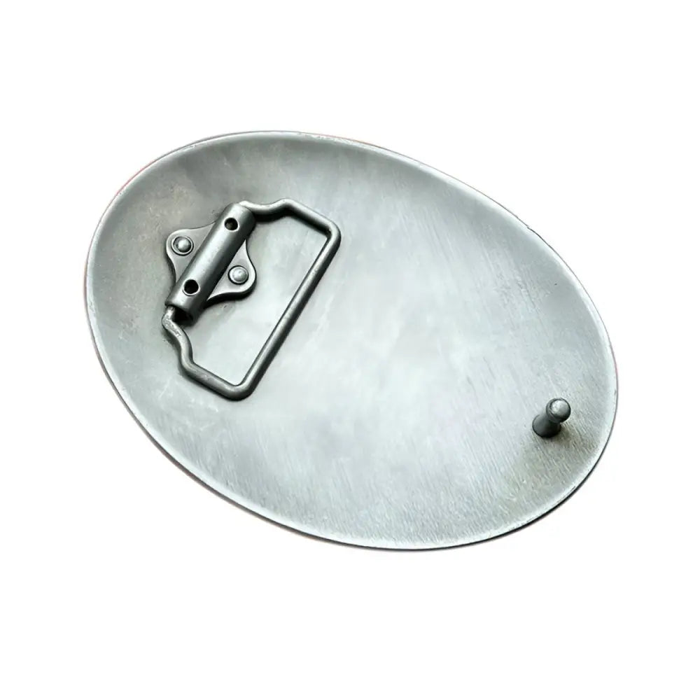 Oval metal belt buckle featuring a classic champion design for authentic western style