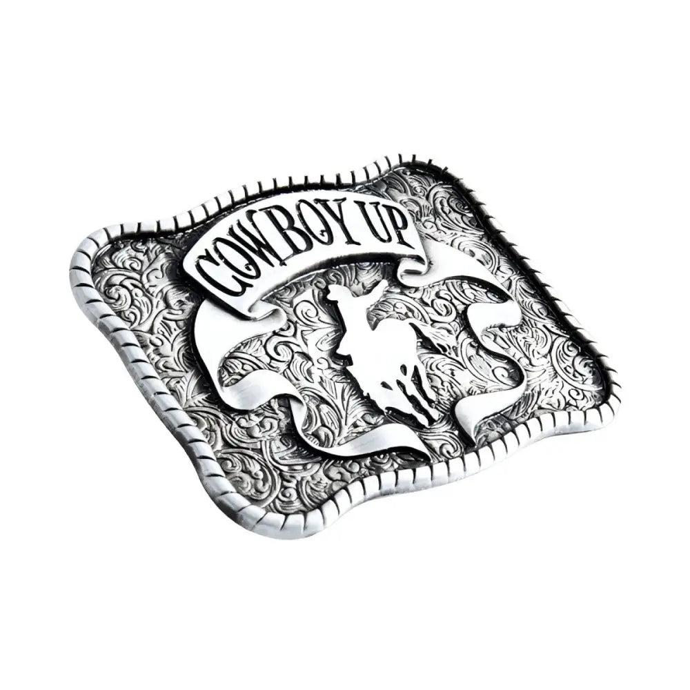 Silver Textured Cowboy Up Belt Buckle showcasing durable metallic design