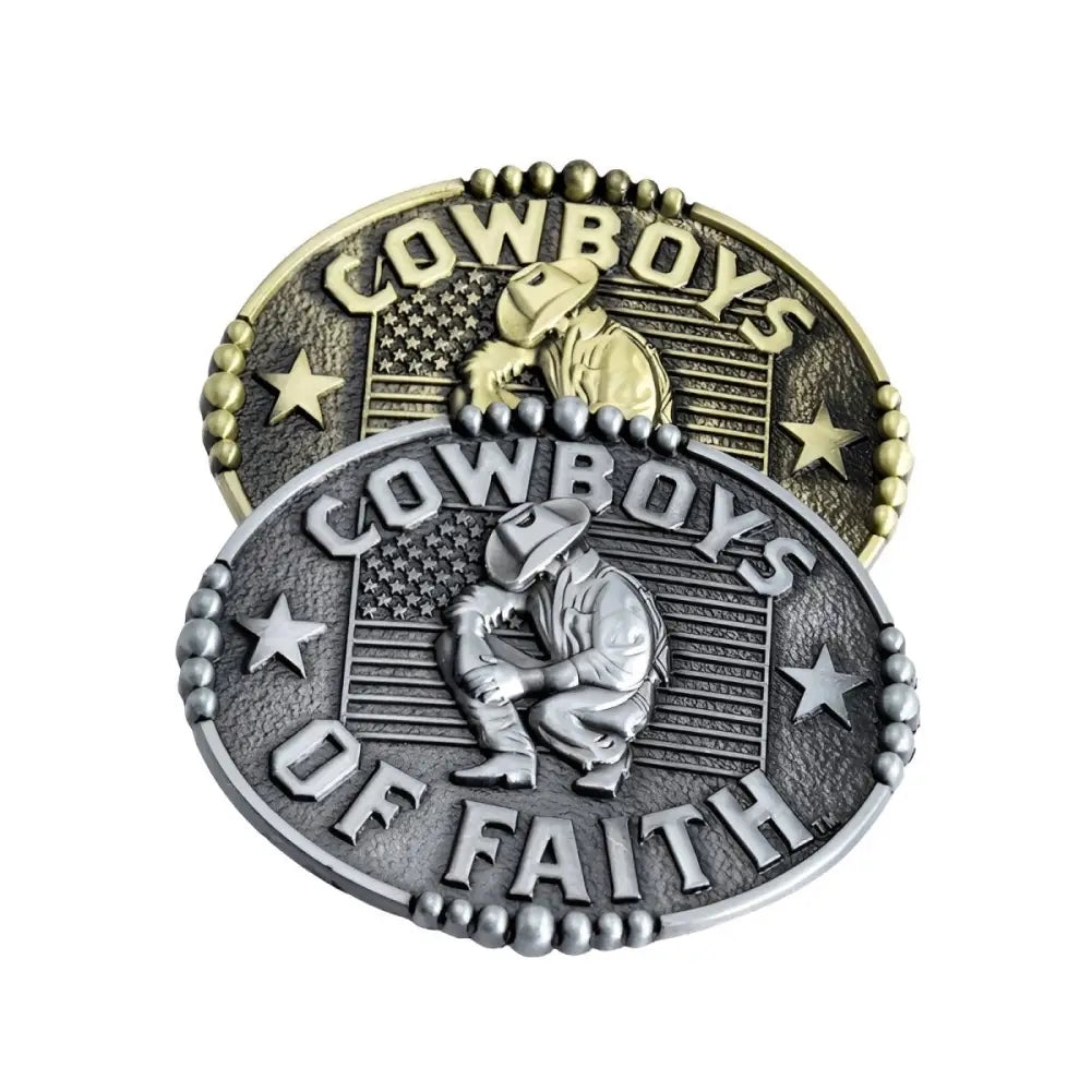 Western belt buckle with Cowboy and American flag design in Travis Model display