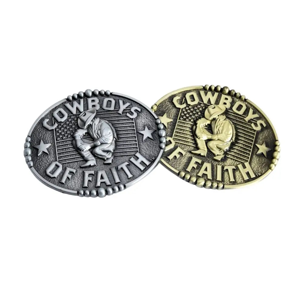 Western belt buckle featuring cowboy and American flag design in Travis Model