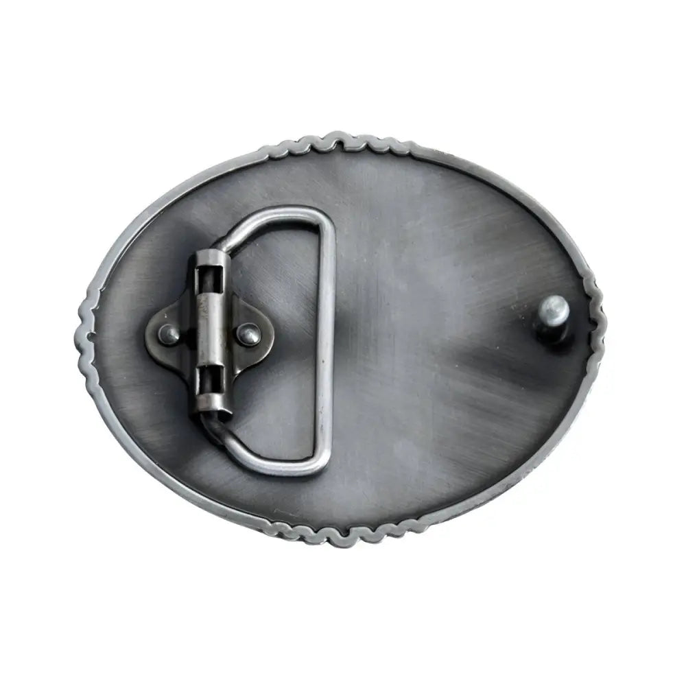 Oval metal western belt buckle with Cowboy and American Flag design in Travis Model