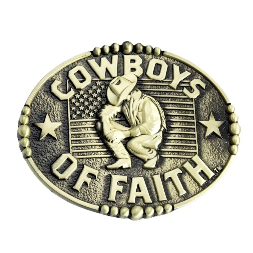 Oval western belt buckle featuring cowboy and American flag design in Travis Model