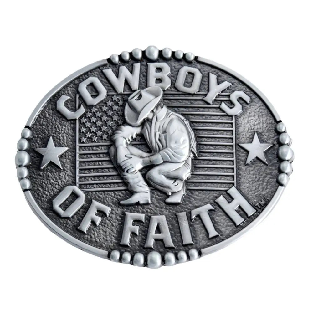 Oval western belt buckle featuring cowboy and American flag design in Travis Model