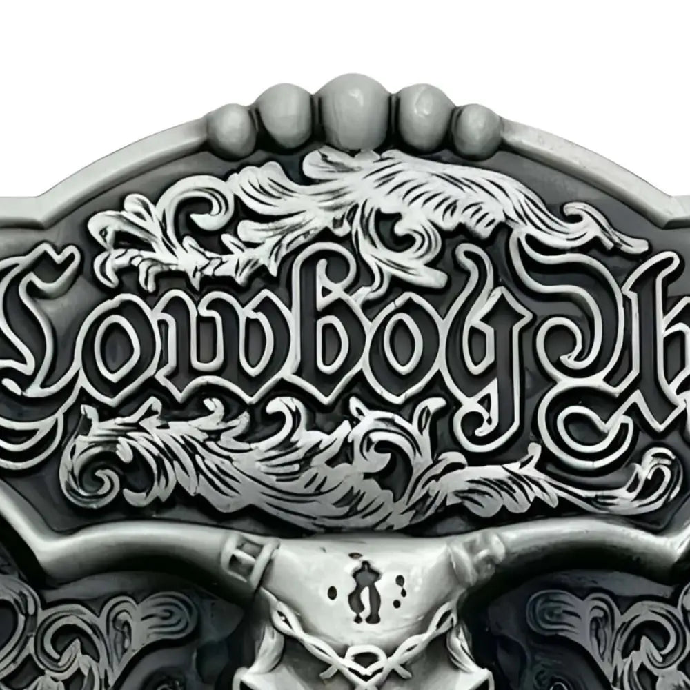 Ornate silver belt buckle featuring a Longhorn Skull design for Western fashion