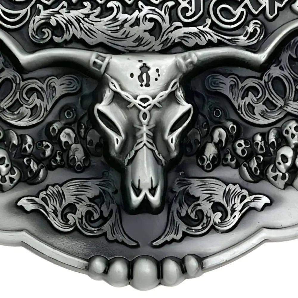 Silver longhorn skull belt buckle with ornate cowboy design for authentic Western style