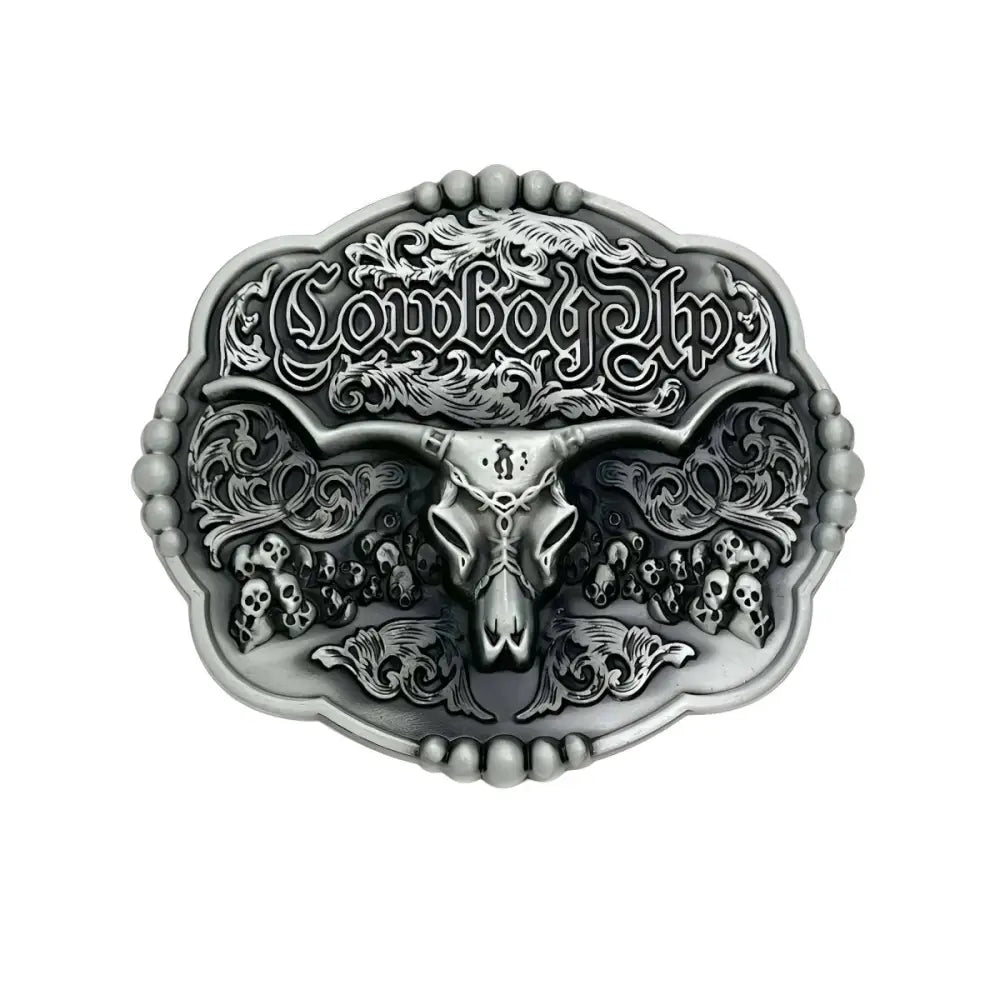 Silver Longhorn Skull Belt Buckle with Ornate Cowboy Design, a stylish belt buckle accessory