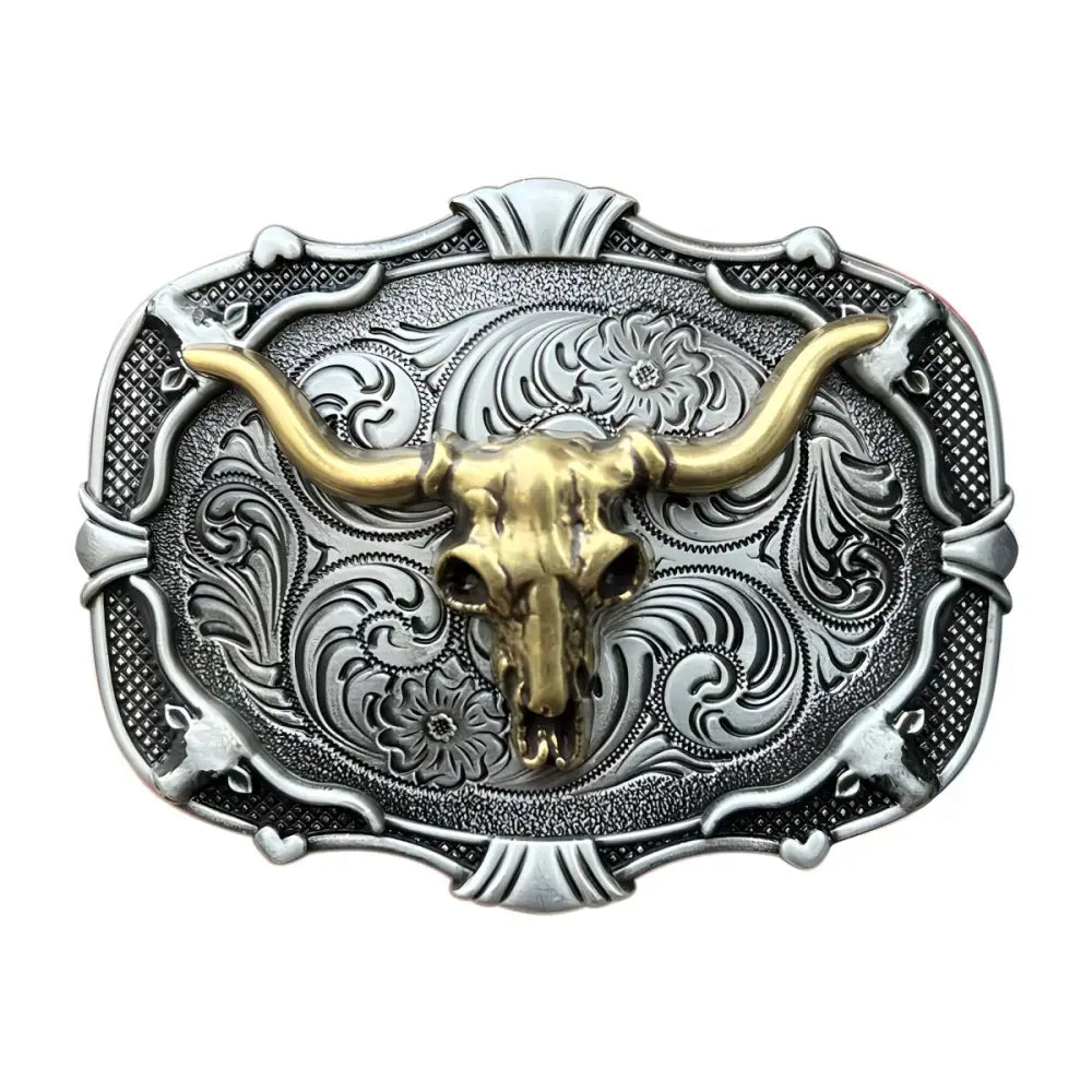 Ornate Silver and Gold Bull Skull Belt Buckle showcasing intricate design and craftsmanship