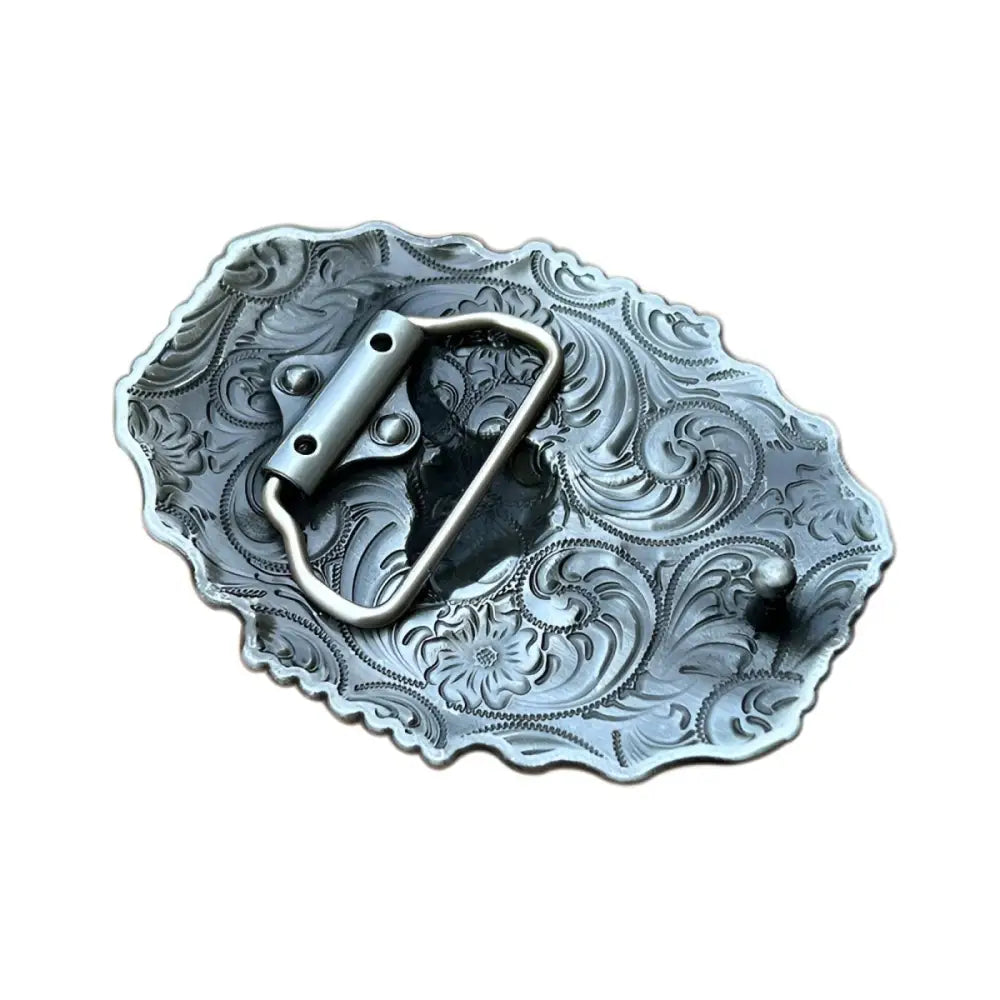 Ornate silver Western bull skull belt buckle with floral design for Western fashion