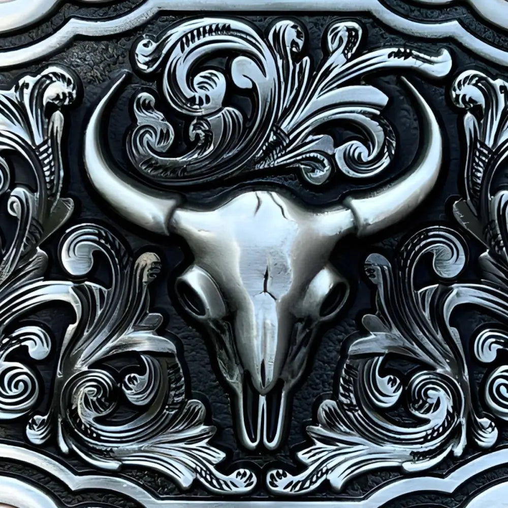Ornate Silver Western Bull Skull Belt Buckle with Floral Design showcasing a detailed bull skull