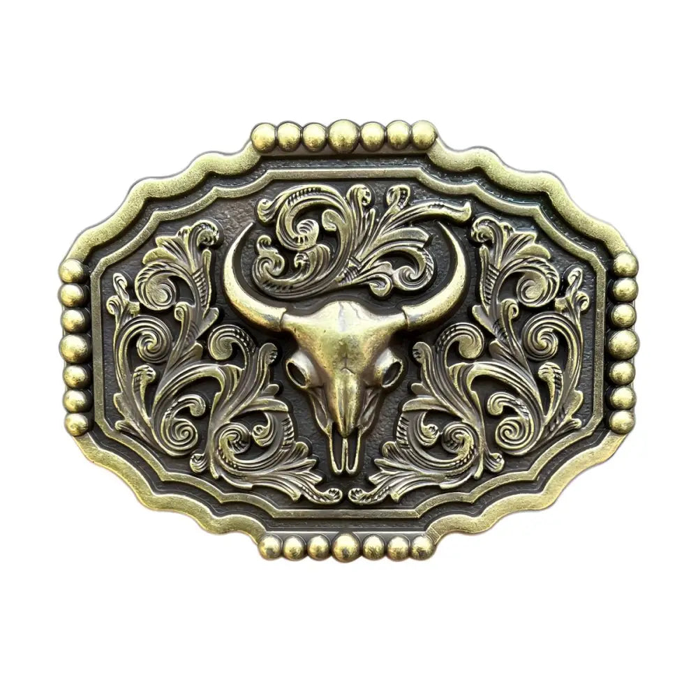 Ornate silver Western bull skull belt buckle featuring floral design and intricate details