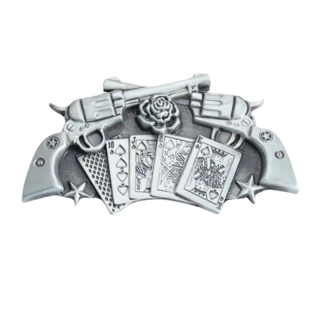 Silver-toned guns and playing cards belt buckle for an adventurous spirit product display