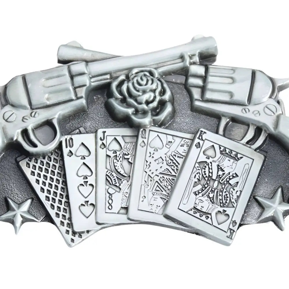 Silver belt buckle with guns, playing cards, and a rose for an adventurous spirit