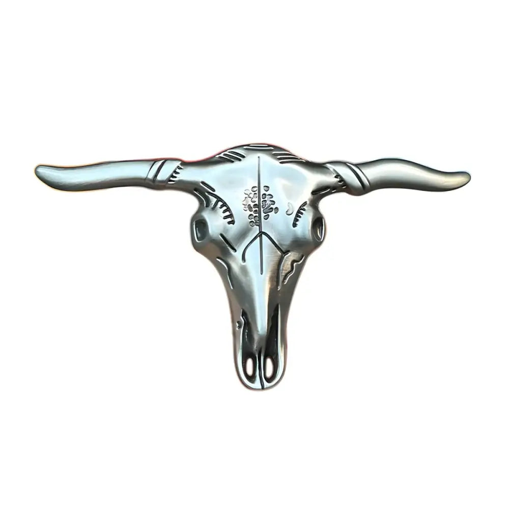Silver-colored bull skull belt buckle with etched designs, Stanley Model product