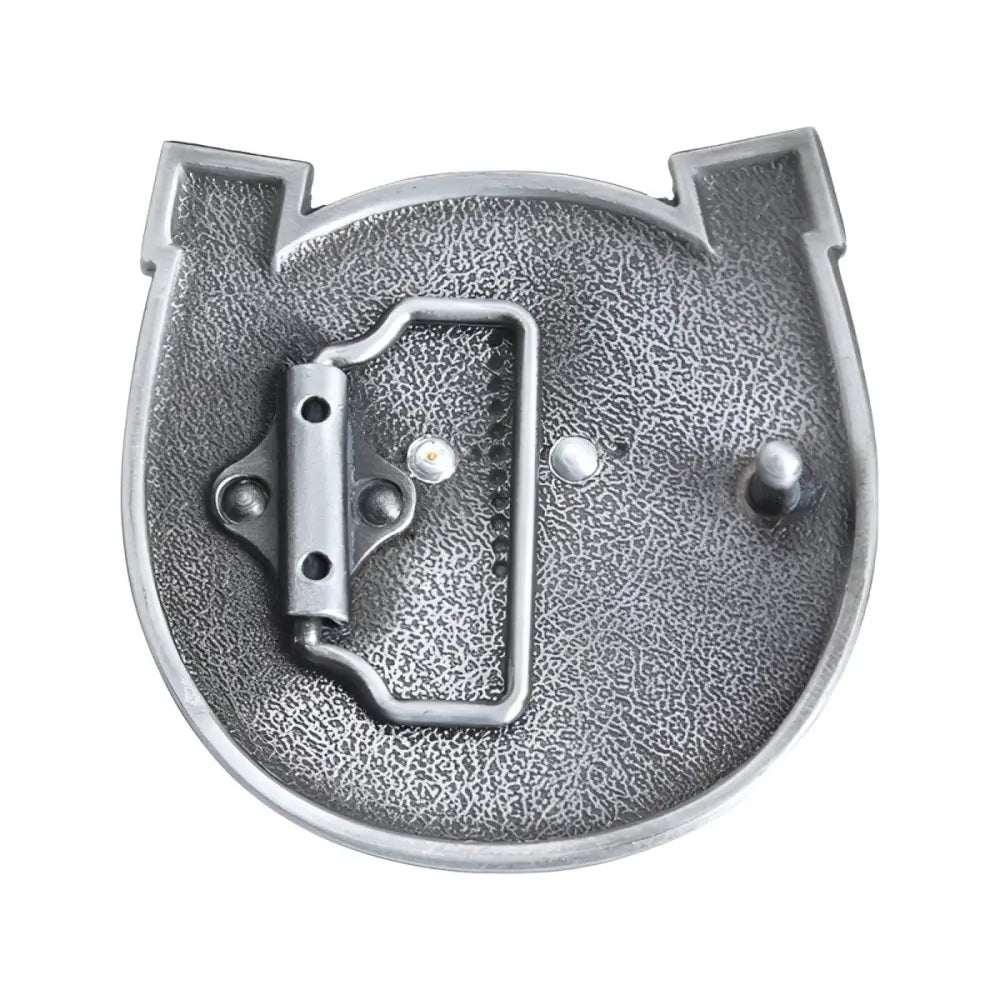 Metal horseshoe belt buckle back on Waylon Belt with Gold Horse Head Horseshoe Buckle