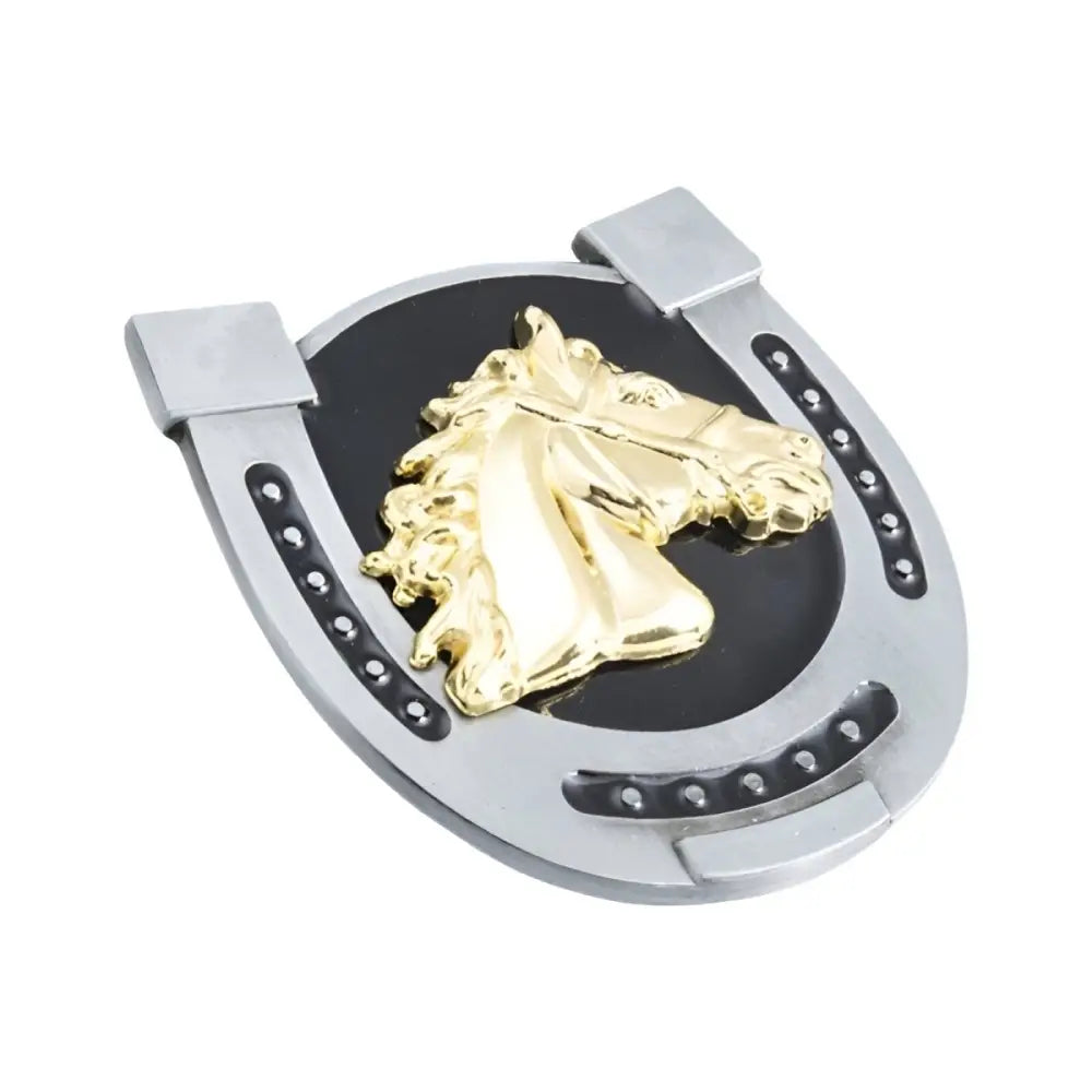 Waylon Belt with gold horse head horseshoe buckle on leather strap, western style accessory