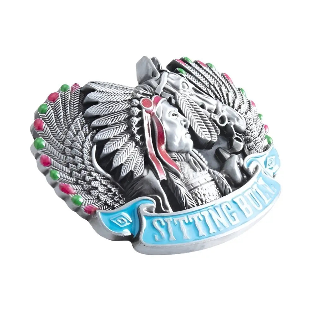 Native American silver Sitting Bull belt buckle with buffalo design for authentic Western style