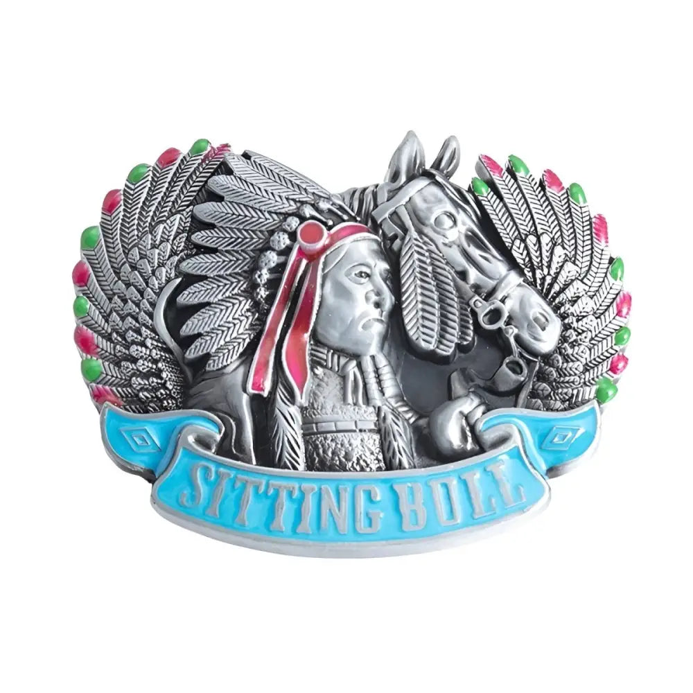 Native American Sitting Bull belt buckle with buffalo design for authentic Western style