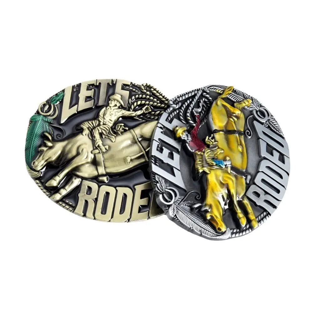 Set of Two Rodeo Belt Buckles Featuring Lets Rodeo Design for Western Style Belt Buckle