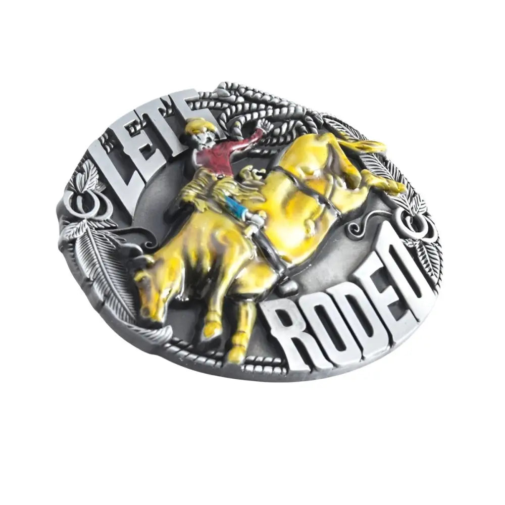 Set of two Rodeo belt buckles featuring Lets Rodeo design for Western style fashion