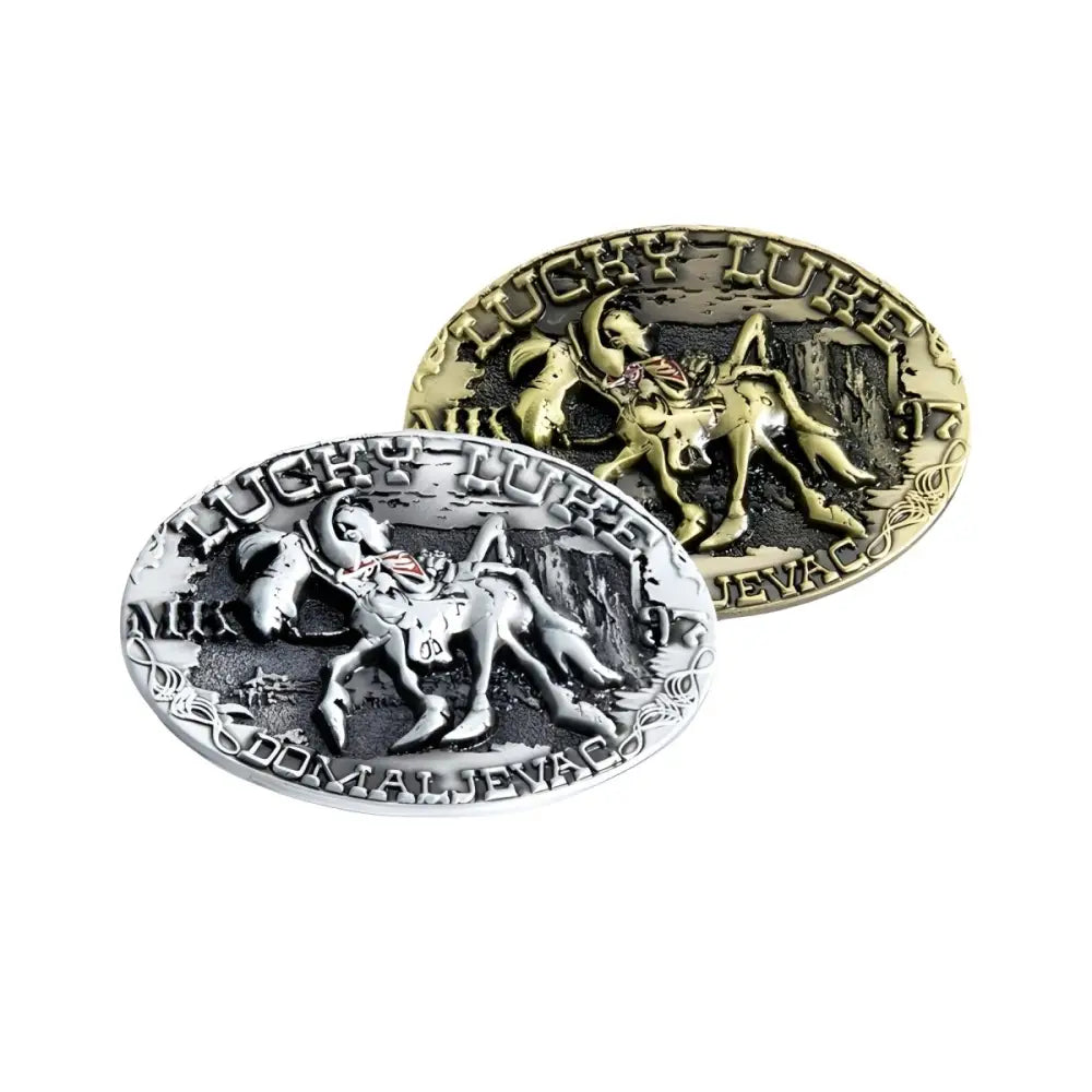 Two Lucky Luke Western Belt Buckles featuring cowboy and horse designs