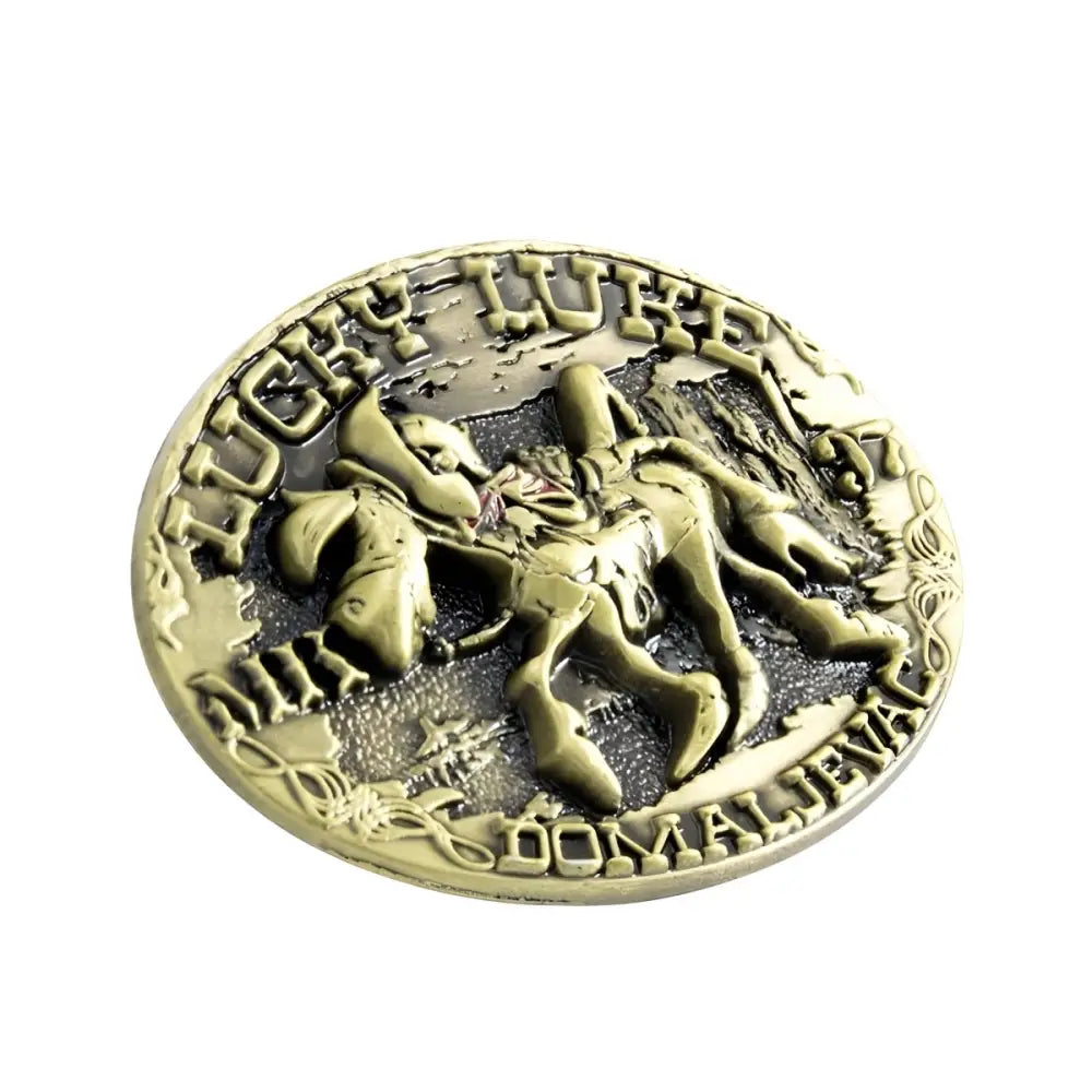 Gold-colored coin featuring cowboy and horse for Western Lucky Luke belt buckle set