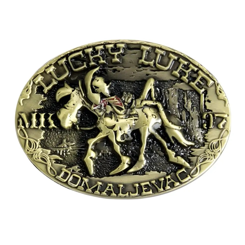 Oval Lucky Luke belt buckle featuring western lucky Luke design on a cowboy and horse-themed set