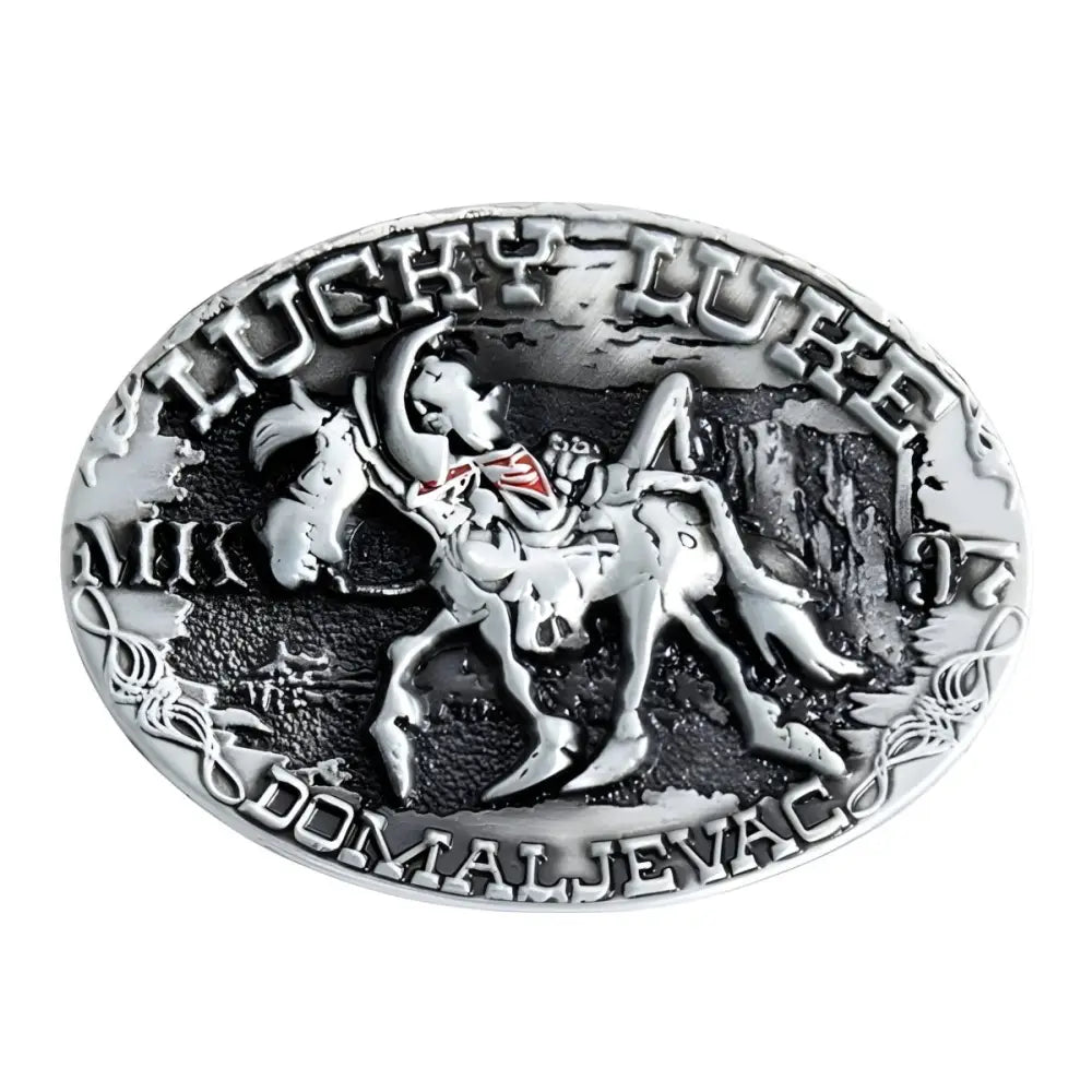 Silver belt buckle featuring cowboy riding horse from Lucky Luke Western Belt Buckles Set
