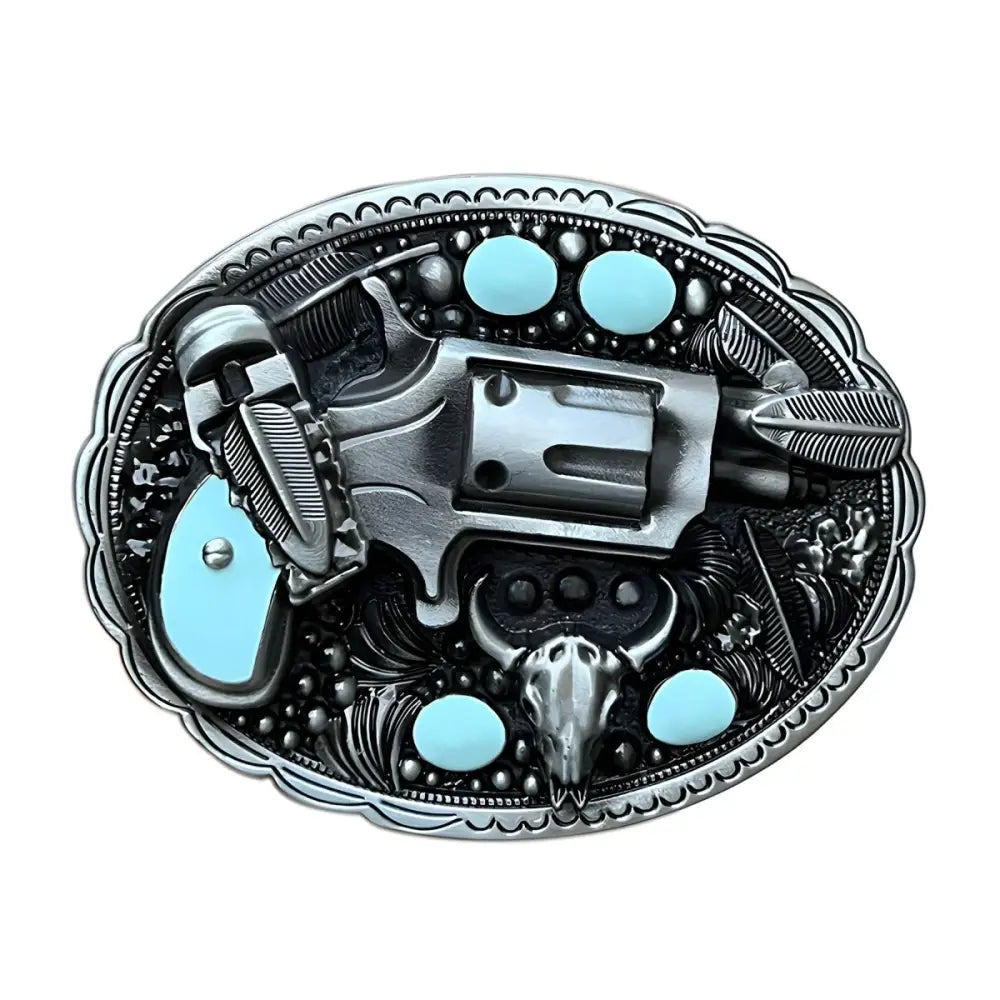 Silver gun-themed belt buckle with Turquoise accents, a stylish accessory for belt buckle enthusiasts