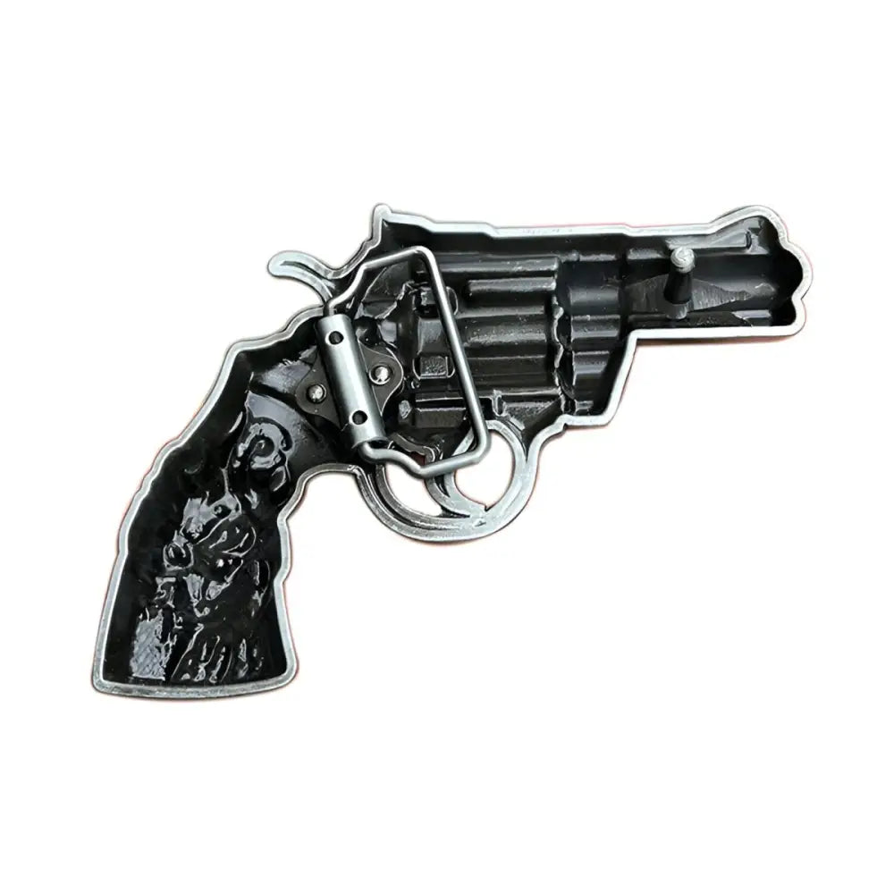 Silver Revolver Belt Buckle with Skull Handle, a stylish accessory belt buckle design