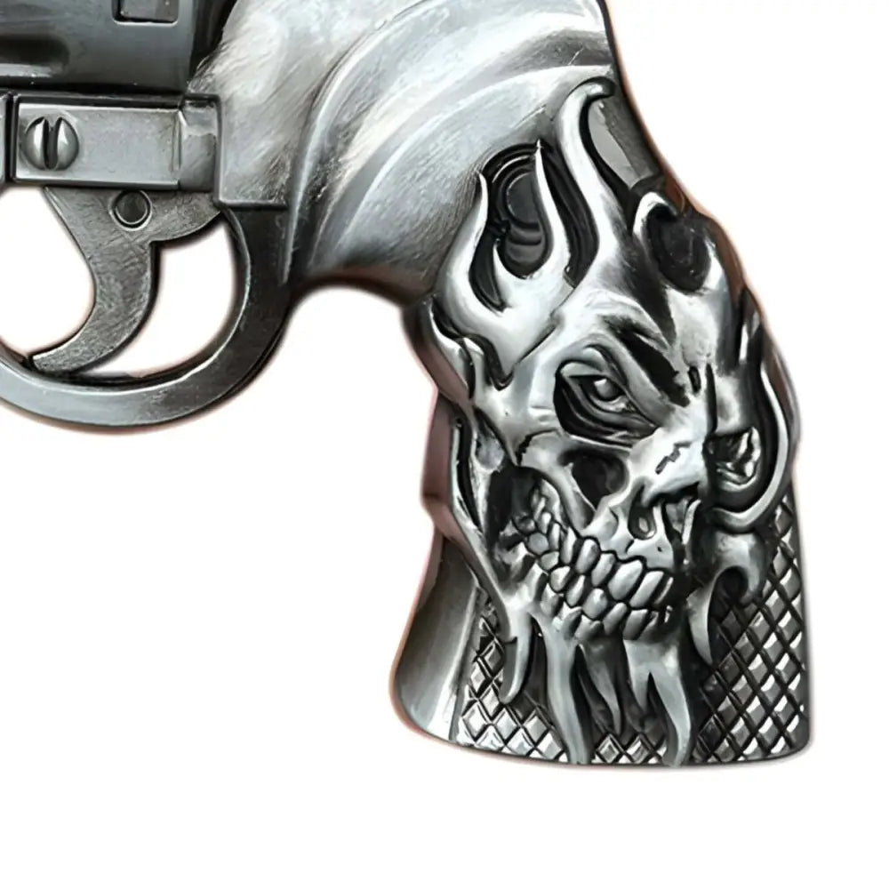 Silver revolver belt buckle with skull handle for stylish accessories