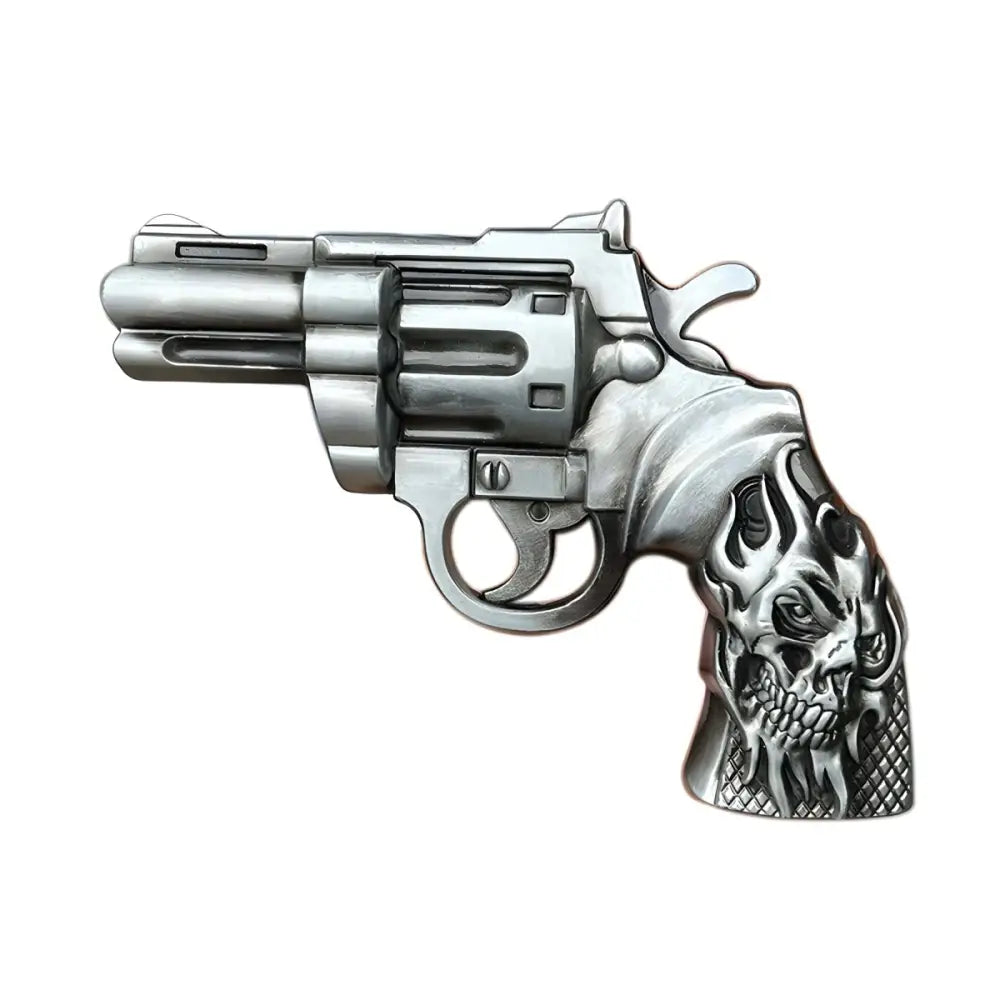 Silver revolver belt buckle with skull handle for stylish accessories
